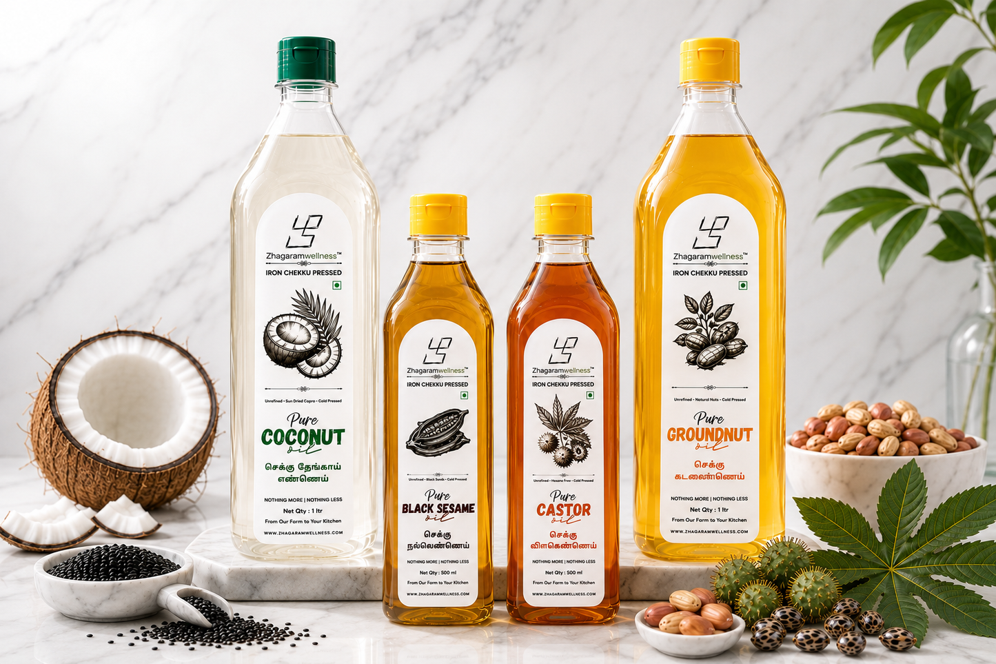 Zhagaram Kitchen Set — Coconut 1L + Groundnut 1L + Sesame 500ml + Castor 500ml